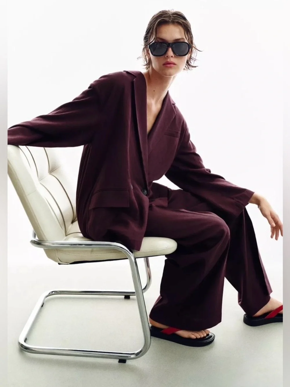 Zara NWT Linen Straight Leg Pants Burgundy Wide Leg Relaxed Tailored Trousers
